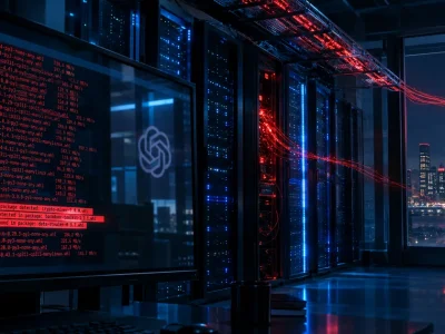 Dark server room with a monitor streaming package uploads flagged as malicious, a faint OpenAI logo reflected in the screen, and red light trails leaving the racks toward a city skyline