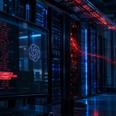 Dark server room with a monitor streaming package uploads flagged as malicious, a faint OpenAI logo reflected in the screen, and red light trails leaving the racks toward a city skyline