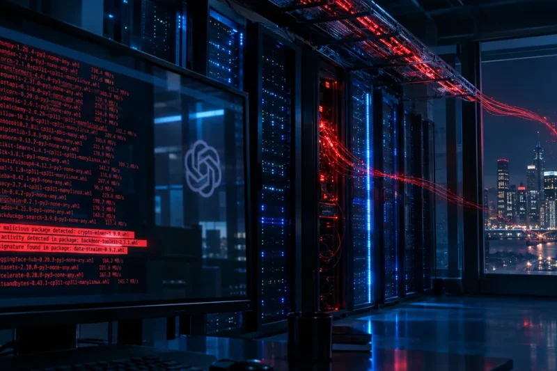 Dark server room with a monitor streaming package uploads flagged as malicious, a faint OpenAI logo reflected in the screen, and red light trails leaving the racks toward a city skyline