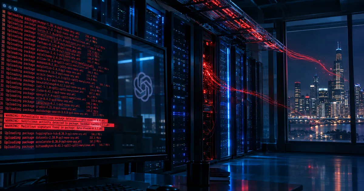 Dark server room with a monitor streaming package uploads flagged as malicious, a faint OpenAI logo reflected in the screen, and red light trails leaving the racks toward a city skyline