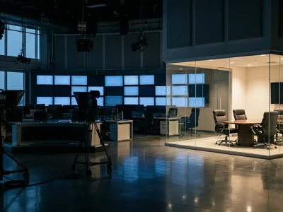A darkened television newsroom with dormant studio cameras, and one brightly lit glass conference room holding five empty chairs around an oval table