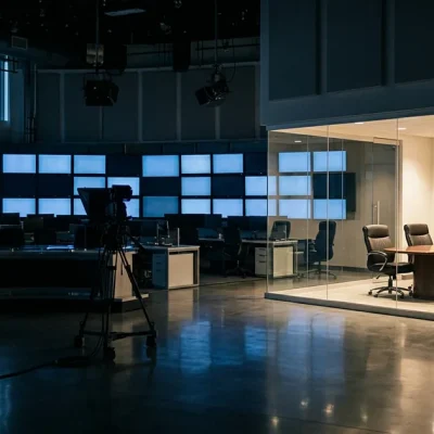 A darkened television newsroom with dormant studio cameras, and one brightly lit glass conference room holding five empty chairs around an oval table