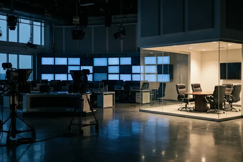 A darkened television newsroom with dormant studio cameras, and one brightly lit glass conference room holding five empty chairs around an oval table