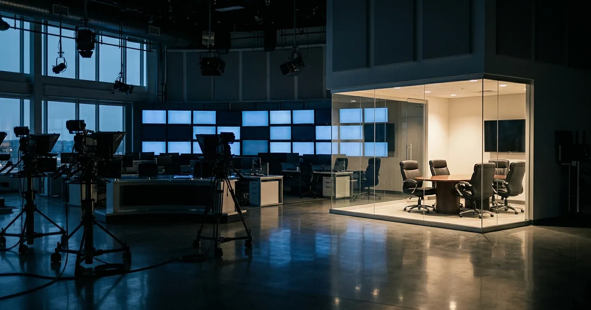 A darkened television newsroom with dormant studio cameras, and one brightly lit glass conference room holding five empty chairs around an oval table