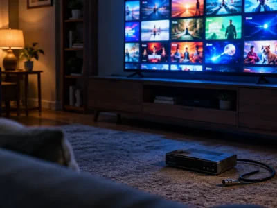 A television showing a grid of video thumbnails lights a dark living room while an unplugged cable set-top box and coaxial cable sit on the carpet