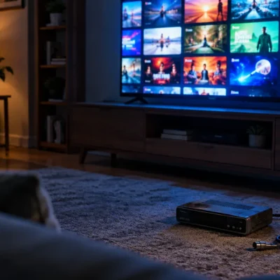A television showing a grid of video thumbnails lights a dark living room while an unplugged cable set-top box and coaxial cable sit on the carpet