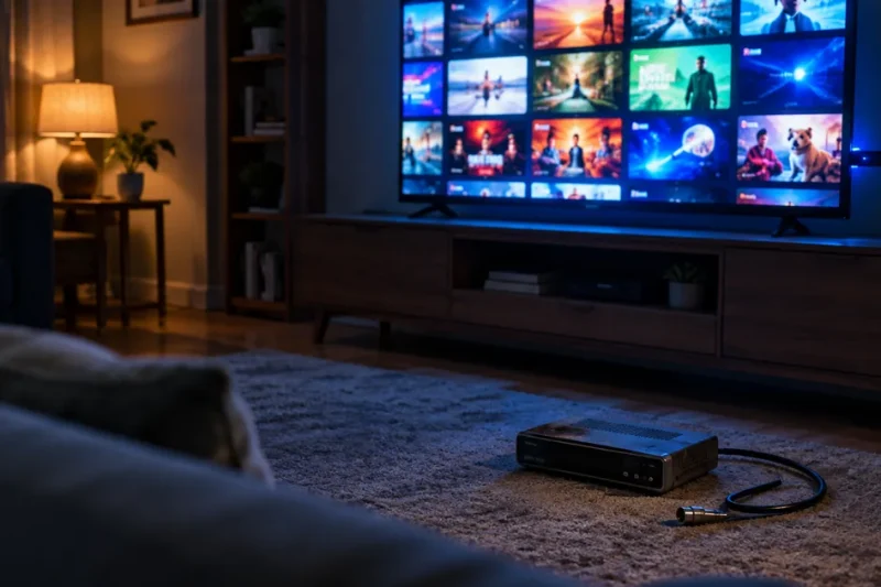 A television showing a grid of video thumbnails lights a dark living room while an unplugged cable set-top box and coaxial cable sit on the carpet