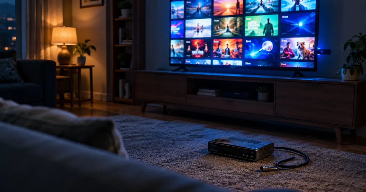 A television showing a grid of video thumbnails lights a dark living room while an unplugged cable set-top box and coaxial cable sit on the carpet