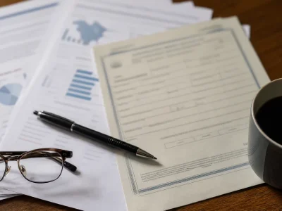 Overhead view of printed public health report pages with charts, a blank death certificate form, a pen, reading glasses and a mug of coffee on a wooden desk