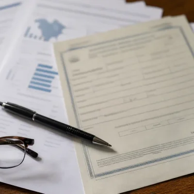 Overhead view of printed public health report pages with charts, a blank death certificate form, a pen, reading glasses and a mug of coffee on a wooden desk