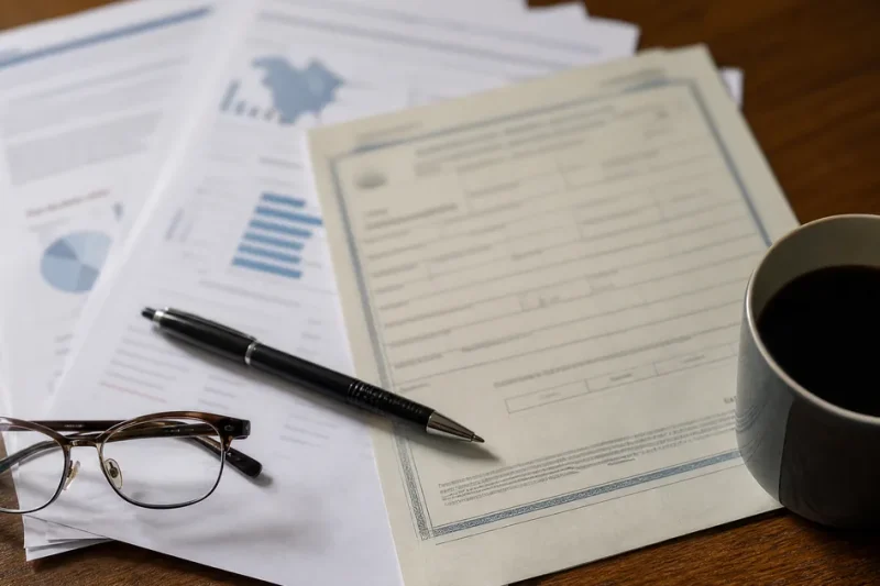 Overhead view of printed public health report pages with charts, a blank death certificate form, a pen, reading glasses and a mug of coffee on a wooden desk
