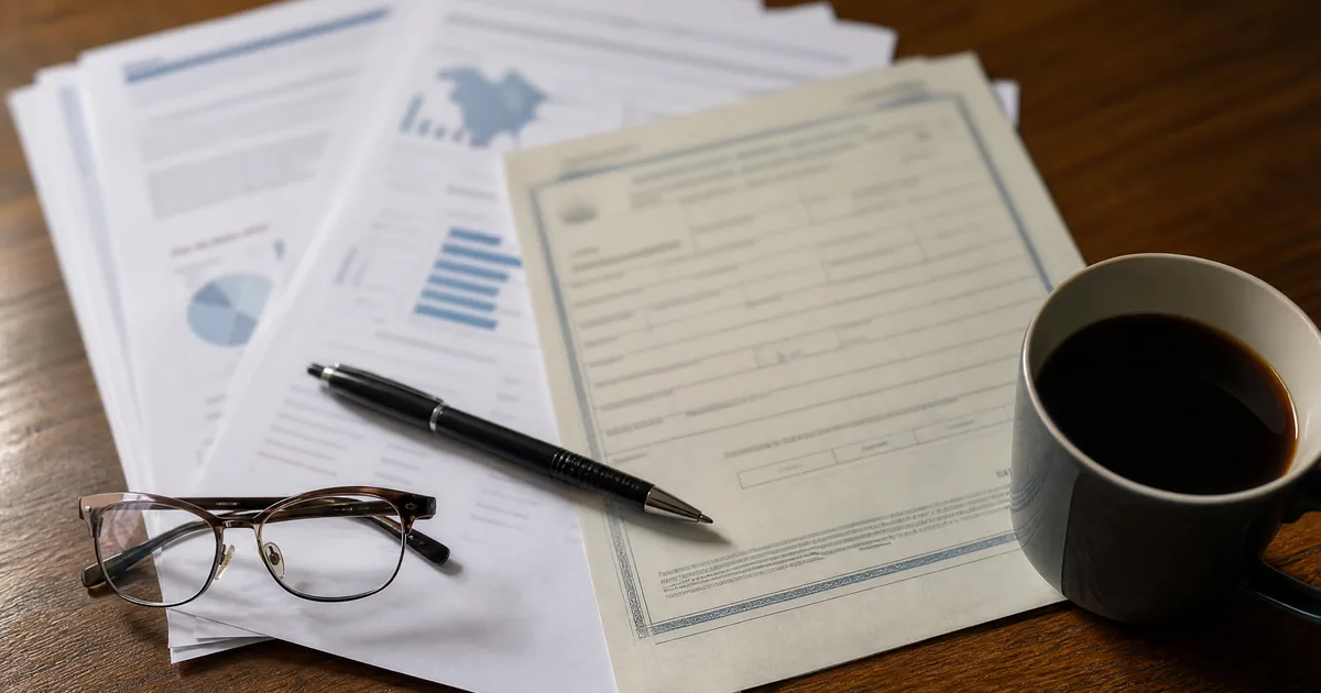 Overhead view of printed public health report pages with charts, a blank death certificate form, a pen, reading glasses and a mug of coffee on a wooden desk