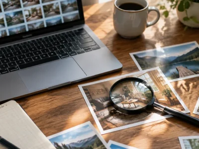 A magnifying glass over a printed photograph on a desk beside a laptop showing photo thumbnails