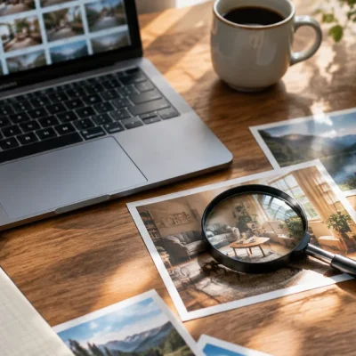 A magnifying glass over a printed photograph on a desk beside a laptop showing photo thumbnails