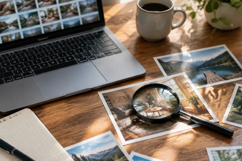 A magnifying glass over a printed photograph on a desk beside a laptop showing photo thumbnails