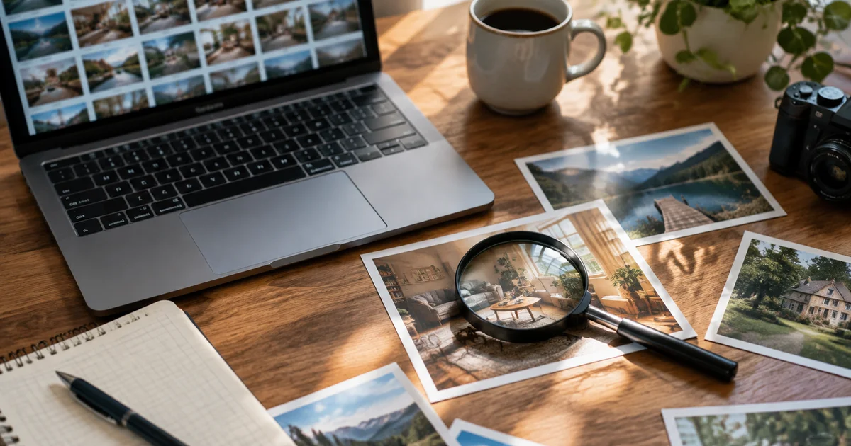 A magnifying glass over a printed photograph on a desk beside a laptop showing photo thumbnails