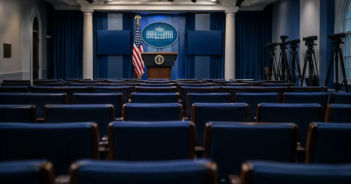 The White House press briefing room with rows of empty blue seats, a lectern at the front and camera tripods standing empty along the side wall