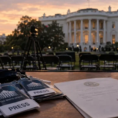 White House press hard passes on lanyards next to a stamped court order, with empty press chairs and cameras on the North Lawn at dusk