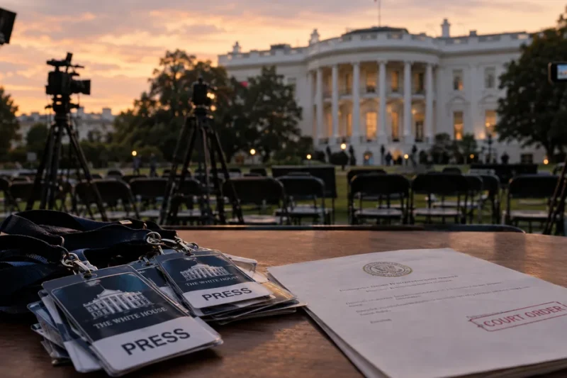 White House press hard passes on lanyards next to a stamped court order, with empty press chairs and cameras on the North Lawn at dusk