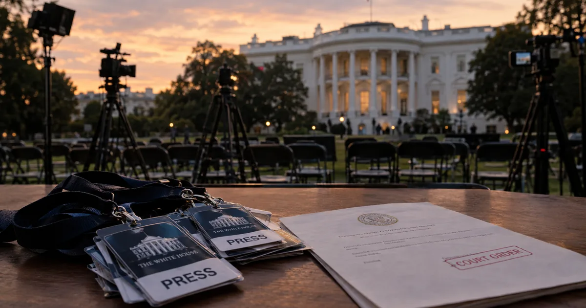 White House press hard passes on lanyards next to a stamped court order, with empty press chairs and cameras on the North Lawn at dusk