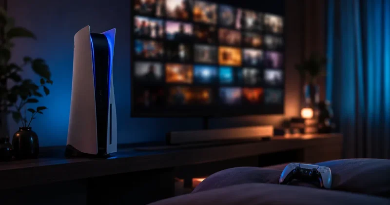A PlayStation 5 console glowing in a dark living room while a wall-mounted television displays a grid of live TV channel thumbnails, an unused controller on the sofa