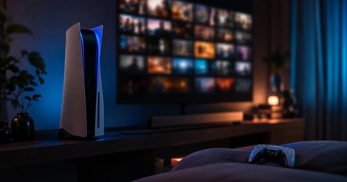 A PlayStation 5 console glowing in a dark living room while a wall-mounted television displays a grid of live TV channel thumbnails, an unused controller on the sofa