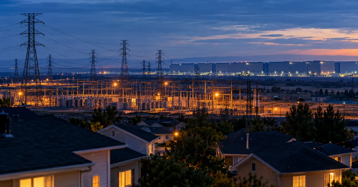 High-voltage substation and transmission towers at dusk with a large windowless data center on the horizon and suburban rooftops in the foreground