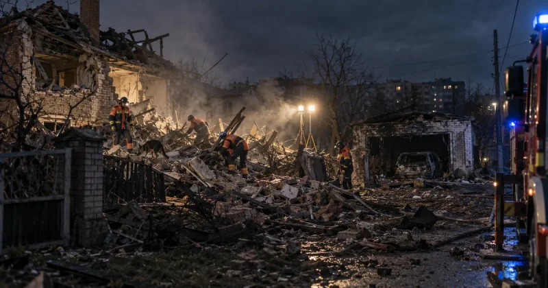 Rescue workers in reflective gear search the rubble of a destroyed house at night under portable floodlights, with drifting smoke, a burned-out garage and a fire truck nearby