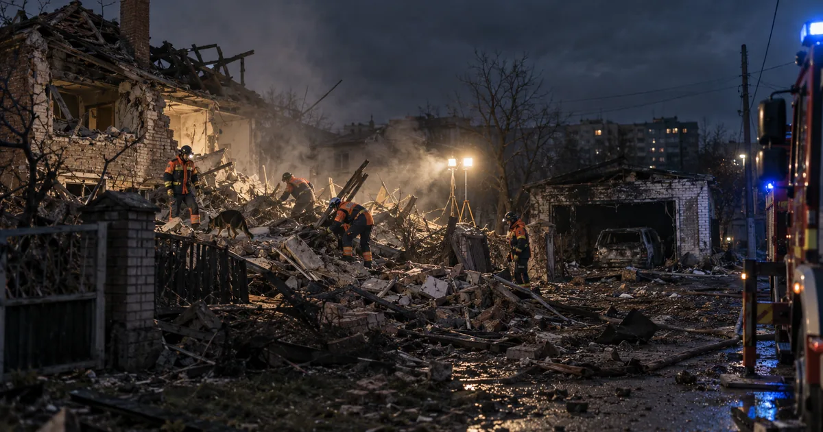 Rescue workers in reflective gear search the rubble of a destroyed house at night under portable floodlights, with drifting smoke, a burned-out garage and a fire truck nearby