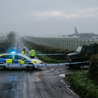 Police car and army bomb disposal truck behind cordon tape on a misty country road beside an airfield fence, with a B-52 bomber on the runway beyond