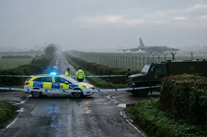 Police car and army bomb disposal truck behind cordon tape on a misty country road beside an airfield fence, with a B-52 bomber on the runway beyond
