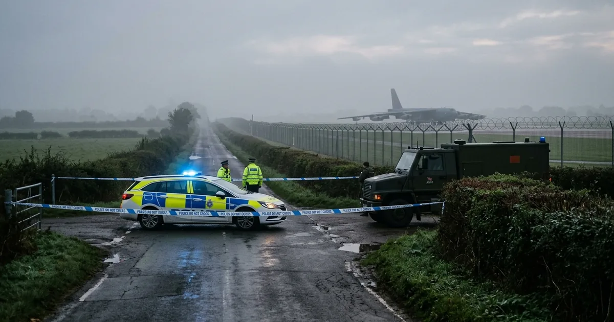 Police car and army bomb disposal truck behind cordon tape on a misty country road beside an airfield fence, with a B-52 bomber on the runway beyond