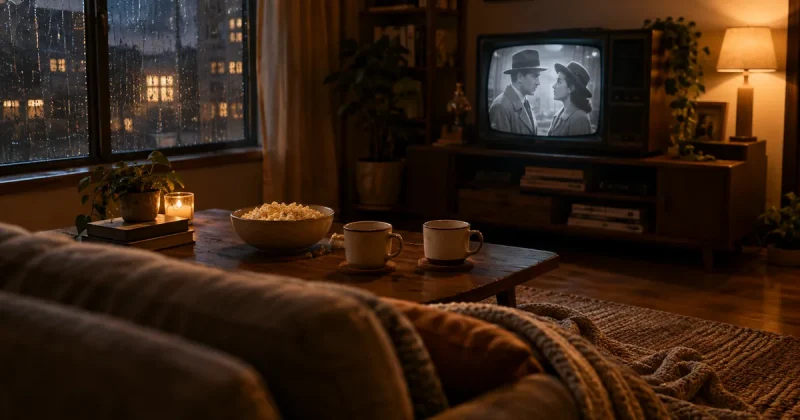 A black and white romantic comedy playing on a television in a dim living room with popcorn and two mugs on the table