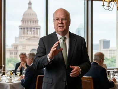 Karl Rove, in a charcoal suit and green tie, gestures while speaking in a wood-paneled Austin dining room, with seated lunch guests around him and the Texas State Capitol dome through the window