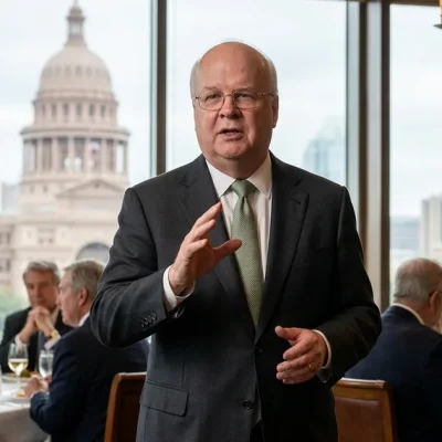 Karl Rove, in a charcoal suit and green tie, gestures while speaking in a wood-paneled Austin dining room, with seated lunch guests around him and the Texas State Capitol dome through the window