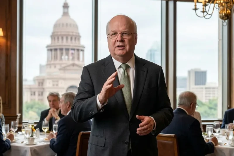 Karl Rove, in a charcoal suit and green tie, gestures while speaking in a wood-paneled Austin dining room, with seated lunch guests around him and the Texas State Capitol dome through the window