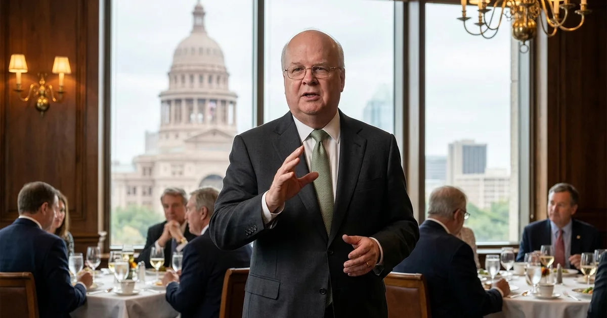 Karl Rove, in a charcoal suit and green tie, gestures while speaking in a wood-paneled Austin dining room, with seated lunch guests around him and the Texas State Capitol dome through the window