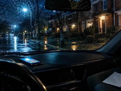 Rain-speckled windshield view of brick townhouses on a quiet night street, with an unmarked envelope of cash on the passenger seat
