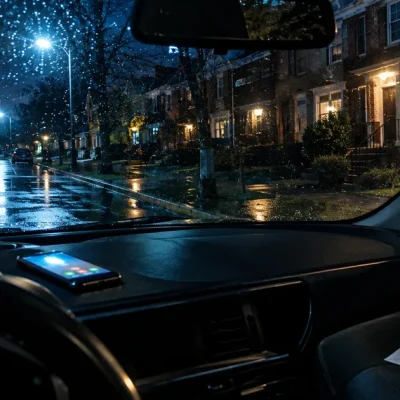 Rain-speckled windshield view of brick townhouses on a quiet night street, with an unmarked envelope of cash on the passenger seat