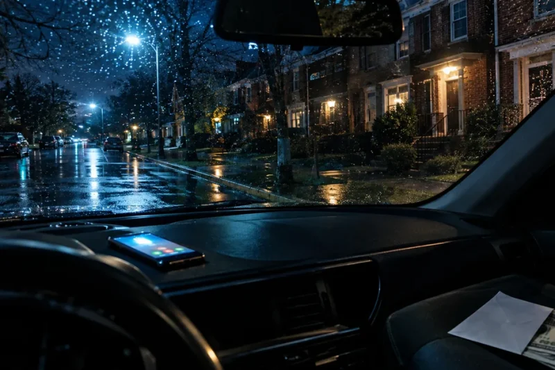Rain-speckled windshield view of brick townhouses on a quiet night street, with an unmarked envelope of cash on the passenger seat