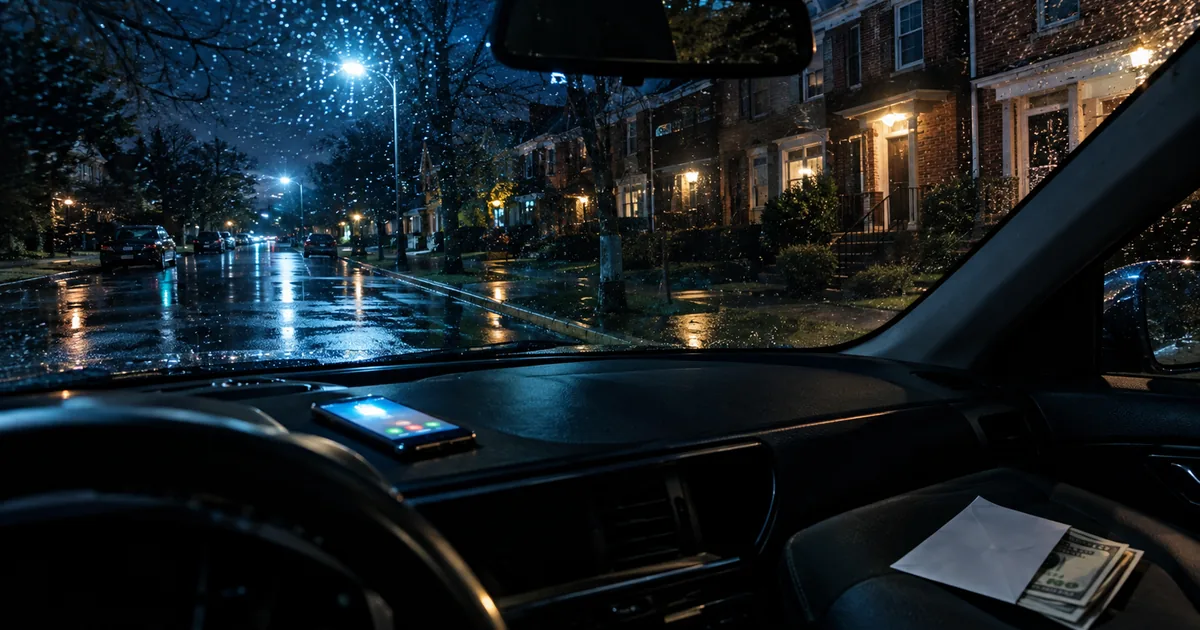 Rain-speckled windshield view of brick townhouses on a quiet night street, with an unmarked envelope of cash on the passenger seat