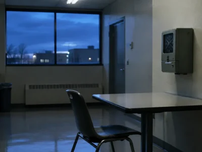 Empty workplace break room before dawn with a wall-mounted time clock and a rack of blank timecards beside an unoccupied table and chair