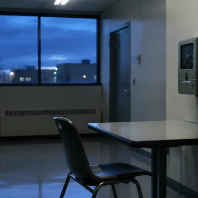 Empty workplace break room before dawn with a wall-mounted time clock and a rack of blank timecards beside an unoccupied table and chair