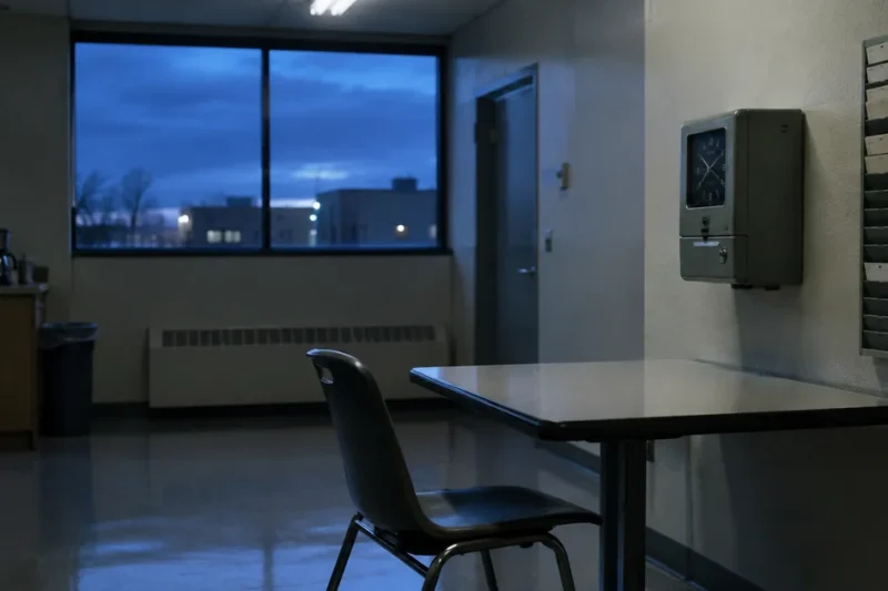 Empty workplace break room before dawn with a wall-mounted time clock and a rack of blank timecards beside an unoccupied table and chair