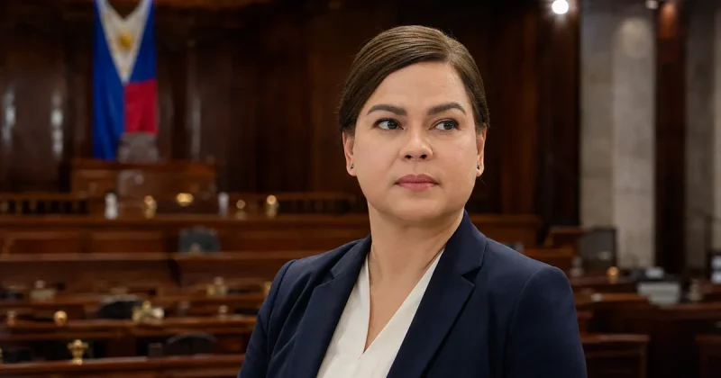 Philippine Vice President Sara Duterte stands in a wood-panelled Senate session hall, the Philippine flag behind her