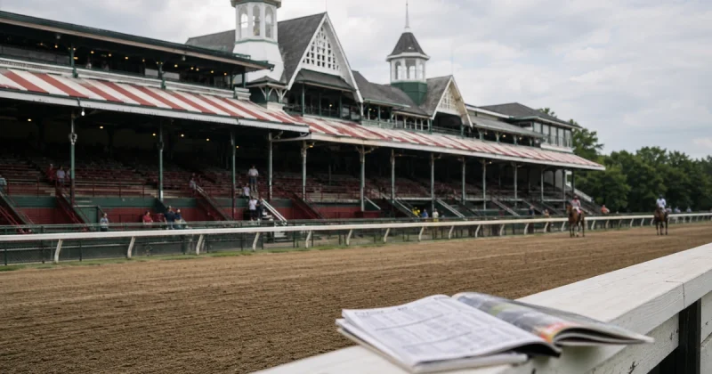 Historic grandstand and dirt track at Saratoga Race Course on a summer morning