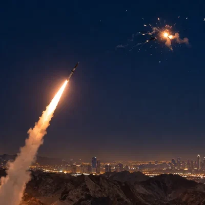 Surface-to-air interceptor missile rising on a bright exhaust trail over dark mountain ridges at night, a burst of debris high in the sky, and a lit city skyline glowing on the horizon