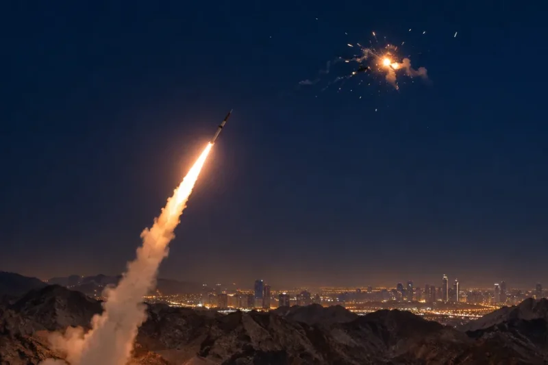 Surface-to-air interceptor missile rising on a bright exhaust trail over dark mountain ridges at night, a burst of debris high in the sky, and a lit city skyline glowing on the horizon