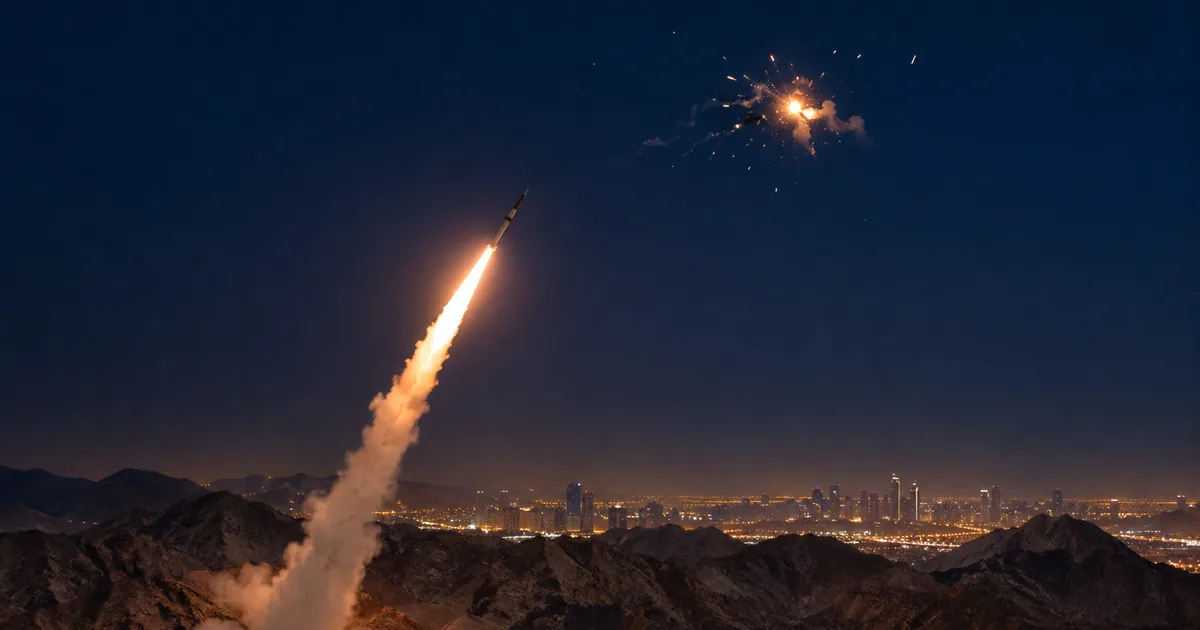 Surface-to-air interceptor missile rising on a bright exhaust trail over dark mountain ridges at night, a burst of debris high in the sky, and a lit city skyline glowing on the horizon