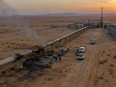 Aerial view of an idle oil pumping station and above-ground pipeline in the desert at dusk, with smoke rising from scorched ground as workers inspect the line
